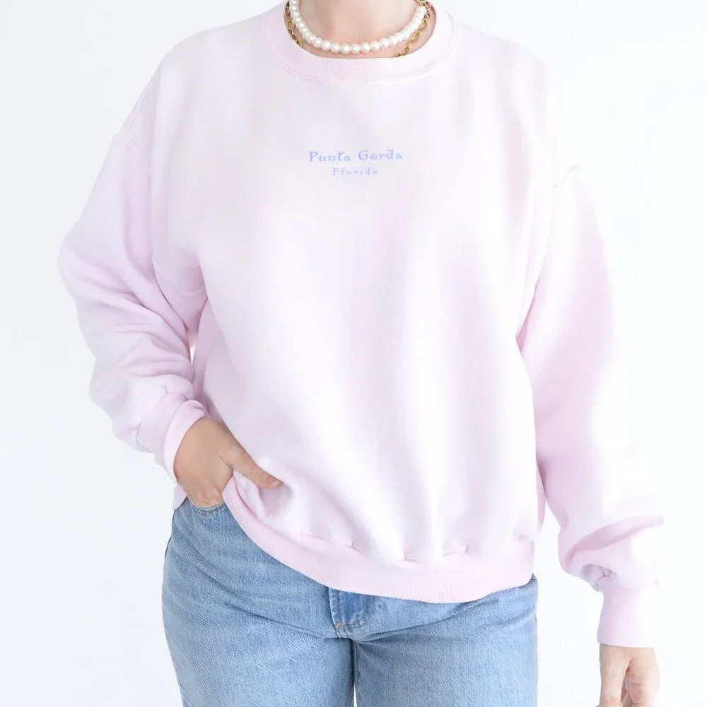 Vintage Jerzees Pink White Punta Gorda Florida Coastal City Vacation Sweater L